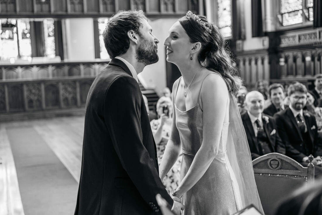 Claire and Jack’s first kiss as a married couple at Guildhall, a joyous moment captured by Patrick Duddy, before the celebration at Bishops Gate Hotel in Derry.